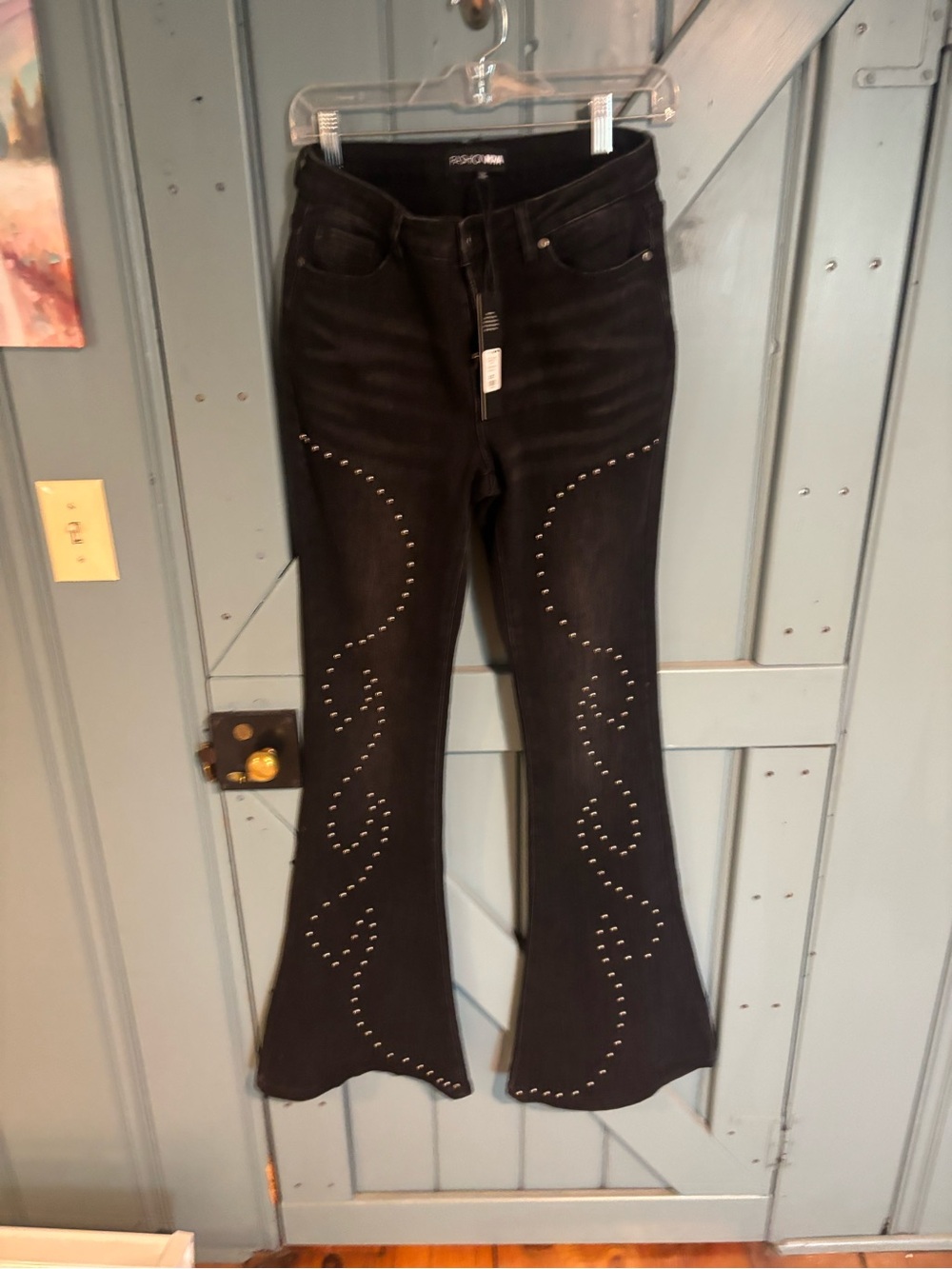 Fashion Nova Black Studded Flare Jeans